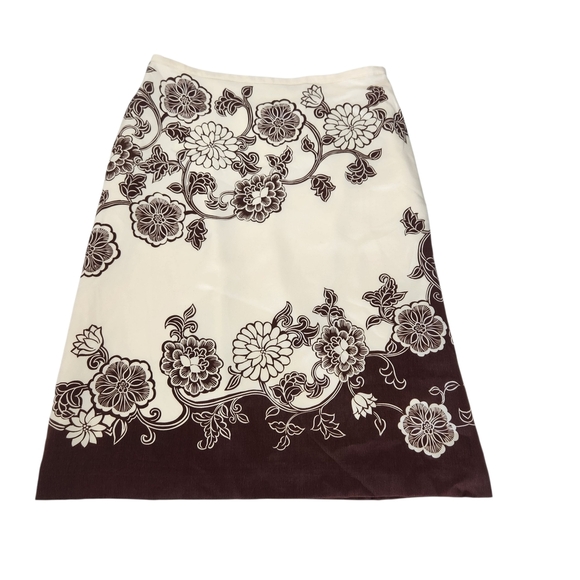 Floral Print Women's Silk Skirt - Cream and Brown Size 2 Vintage - Picture 3 of 10